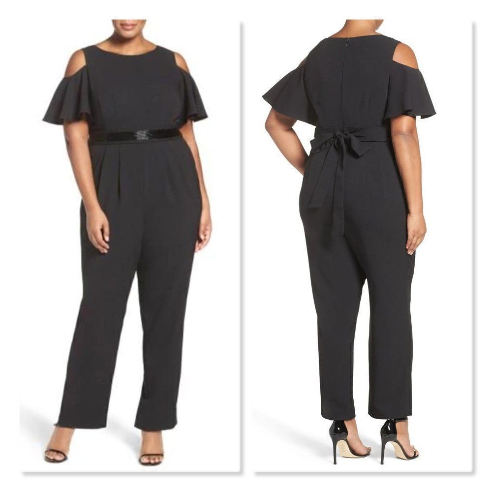 Eliza J Embellished Cold Shoulder Jumpsuit In Black size 18W in Black